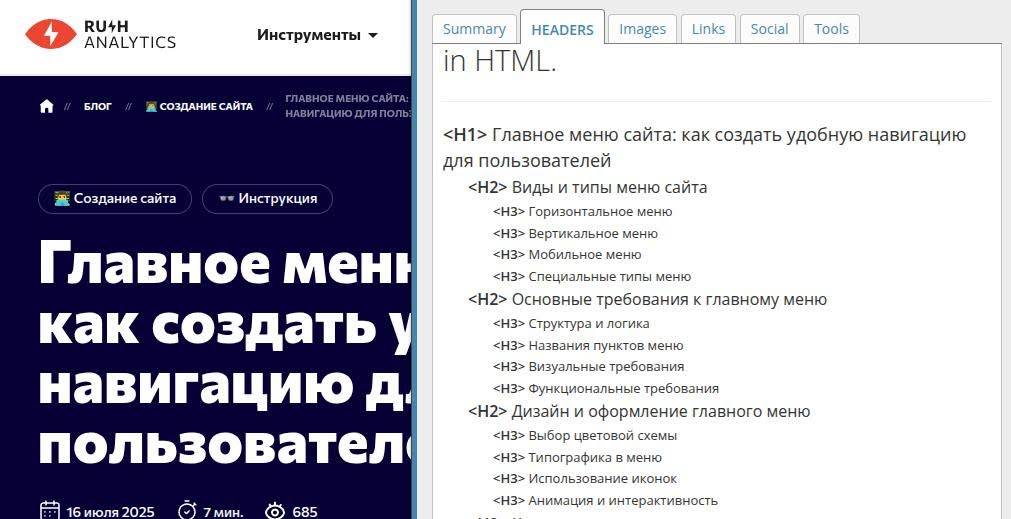 Пример иерархии заголовков